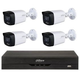 Sistema di sorveglianza esterna base Dahua Full Color, 4 telecamere, 5MP, luce bianca 40 m, 3,6 mm, microfono, DVR 4 canali 5MP, H.265+