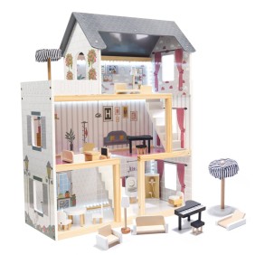 ISP "Likesmart 6201" casa delle bambole in legno a 3 livelli, terrazza, striscia LED, altezza 78 cm, accessori per mobili, Grigio
