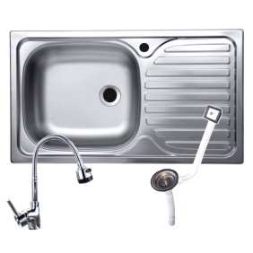 Set lavello da appoggio in acciaio inox + rubinetto flessibile + sifone con troppopieno, 43,5x76 cm, vasca sinistra