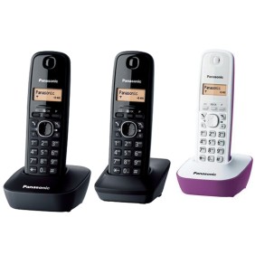 Telefono cordless DECT Panasonic KX-TG1612FXH + KX-TG1611FXF, ID chiamante, 3 ricevitori, Nero/ Bianco/ Viola