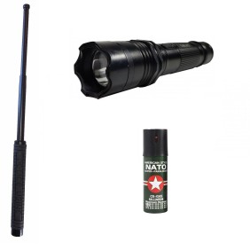 KIT BTG-150 difesa personale (Elettroshock 2in1+Torcia elettrica) Pistola poliziotto telescopica 50 cm + Spray paralizzante Nato