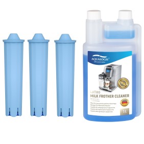 Kit di manutenzione per Jura, macchina per caffè espresso Aqualogis, 3 filtri AL-Blue, soluzione detergente per meccanismo del latte Latteo 1 L