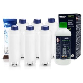 Kit manutenzione macchina caffè espresso, DeLonghi, 6 filtri acqua Aqualogis AL-S002, soluzione decalcificante EcoDecalk 500 ml, pennello AQ-434