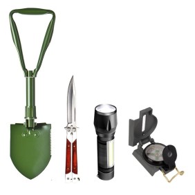 Kit di sopravvivenza composto da pala militare, coltello Balisong, torcia LED e bussola in metallo