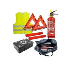 Kit di sicurezza: kit medico, 2 triangoli, estintore, giubbotto riflettente, custodia