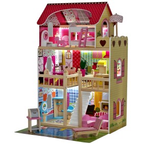 idealSTORE FABULOUS RESIDENCE casa delle bambole in legno, Accessoriata con luce LED, Dimensioni 90 x 60 x 30 cm, Costruzione su 3 livelli, Include 3 stanze, piscina e 14 mobili