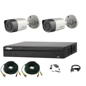 Kit di 2 telecamere di sorveglianza 2MP, Smart IR 20m Dahua, Esterno + DVR 4 canali Dahua + Sorgente + Cavo crimpato + Cavo splitter