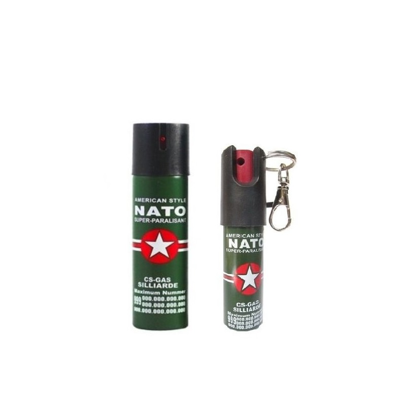 Set di 2 spray per autodifesa Nato, uno da 60 ml, custodia inclusa e uno da 20 ml, portachiavi