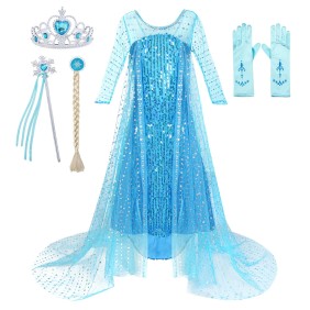 Costume di carnevale cosplay Elsa - Frozen, AmzBarley®, Festa dei bambini, Natale, Halloween, Con 4 accessori, Tulle, Blu, 2-3 anni, 100 cm