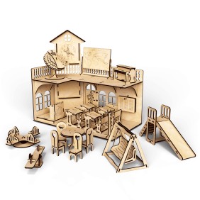 Set da costruzione per la scuola delle bambole, Woodpy, Legno, 197 pezzi, Crema/Nero