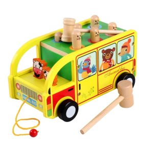 Autobus da traino, in legno, con martello e animali, multicolore