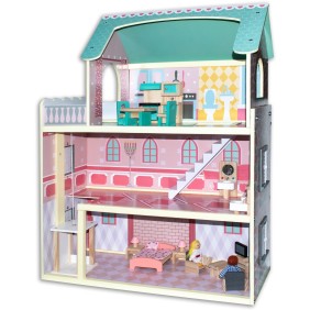 Casa delle bambole con mobili, AmbiLife, in legno, 2 bambole incluse, 28x61x26 cm, montaggio in 6 passaggi, Multicolor