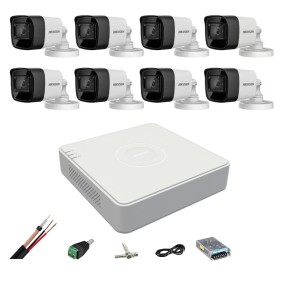 Sistema di sorveglianza Hikvision 8 telecamere 4 in 1 8MP, 3,6mm, IR 80m, DVR 8 canali, accessori di montaggio