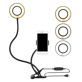 Lampada da scrivania professionale Welora® LED Selfie Ring, 3 modalità di illuminazione, supporto per telefono, supporto per morsetto, flessibile a 360 gradi, luminosità regolabile, connessione USB, telecomando, nera