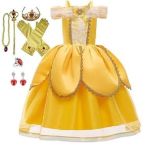 Costume per bambina con accessori, Belle, La Bella e la Bestia, giallo, 5-6 anni