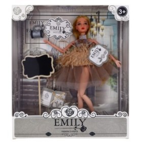 Bambola Emily, polsi mobili, capelli lunghi e vestito alla moda, con borsa a pannello, 30 cm