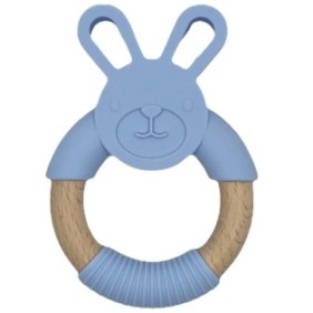 Anello da dentizione per coniglio in silicone e legno blu