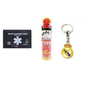 Kit sicurezza stradale Motor Starter™ validità 5 anni, Kit medico di primo soccorso per auto + estintore spray da 1000 ml, Portachiavi in acciaio inox Real Madrid CF