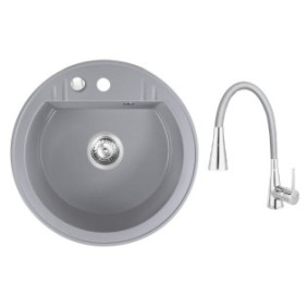 Set lavabo tondo in granito Ferro grigio 51 cm con rubinetto Ferro flessibile 2 funzioni grigio