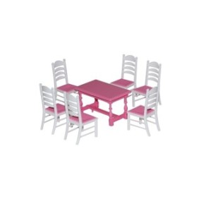 Set da gioco con tavolo e sedie per bambole, 7 pezzi/set, 21x12x6 cm, Bianco/Rosa