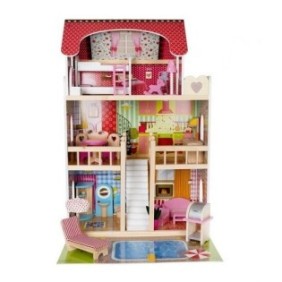 Casa delle bambole XXL in legno naturale senza bordi, "Happy Doll House", su 3 piani, balcone, più mobili e 4 figurine incluse, alta 90 cm, illuminazione a LED, barbecue, piscina, terrazza