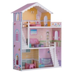 Casa delle bambole in legno naturale senza spigoli vivi, "ISP LikeSmart RICO830" con 3 piani, 4 stanze e 15 mobili, altezza 110 cm, Giallo