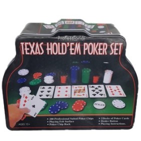 Set da poker Texas Hold'em nero, 200 fiches, 2 mazzi di carte, tappetino da gioco, fiches del dealer Big e Small Blind, scatola