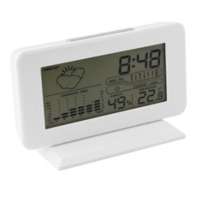 Stazione meteorologica digitale bianca con orologio, scia, umidità, previsioni, calendario