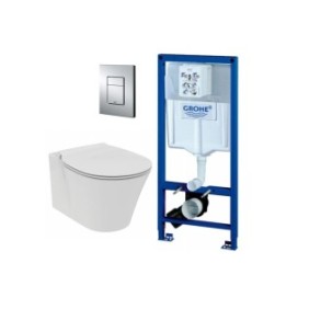 Set lavabo Ideal Standard Connect Air con coperchio WC normale e serbatoio integrato Grohe Rapid SL e portello Skate Cosmo