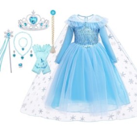 Costume Elsa Frozen, AmzBarley, Guanti, Gioielli, Scettro, Corona, Parrucca, 11-12 anni, 150 cm, Blu