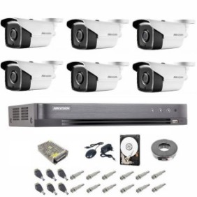 Sistema di sorveglianza completo 5 MP Hikvision Turbo HD con 6 telecamere Bullet IR 40 m, alimentatori, cavi, spine, HDD 1Tb, visualizzazione su Internet