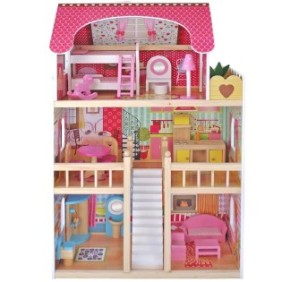 Casa delle bambole in legno Zenuk® - 3 piani, illuminazione a LED, 15 accessori, 5 stanze, dimensioni 90 x 59 x 30 cm, multicolore