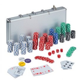 Set Poker Complesso con 500 fiches Relaxdays, Include 2 set di carte, 5 dadi, Dotato di valigetta in alluminio con dimensioni 26 x 56,5 x 6,5 cm