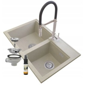 Set doppio lavabo e rubinetto Hektor, Granitan, 808 x 505 mm, Ottone/Ceramica, Beige/Nero/Argento