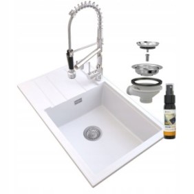 Set lavello con rubinetto, sifone, soluzione di manutenzione, Granitan, Granite, White