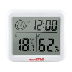 Termometro e igrometro ambientale Techone® CX-0813, indicatore di comfort, lettura 10 secondi, display orologio e data, umidità, gamma professionale, supporto sospeso o supporto, compatto, bianco