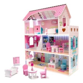 Casa delle bambole, in legno di qualità, con illuminazione a LED, villa casa delle bambole, in colori pastello, 3 livelli, 5 stanze e terrazza, 9 mobili, Indiggo®, altezza 70 cm, rosa/bianco
