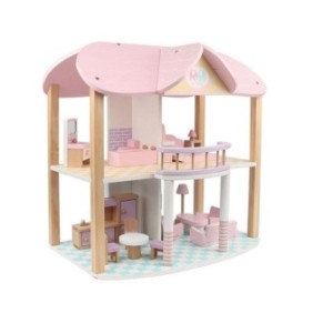 Casa delle bambole vintage, 35 pezzi, crema con rosa, legno