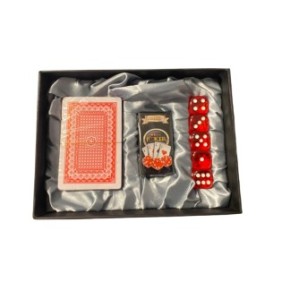 Set regalo Gentelo RioBox, accendino premium in metallo antivento, confezione di carte da poker, 5 dadi tipo cristallo diamanti