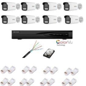 Kit sorveglianza IP con 8 telecamere ColorVu, 4MP, ottica 4mm, luce bianca 50m, NVR con 4 canali IP 4K, accessori, HIKVISION
