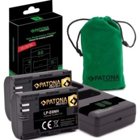 Pacchetto caricabatterie doppio LCD PD Performance, 2 batterie Patona Protect con sensore NTC per Canon LP-E6NH, 2250 mAh