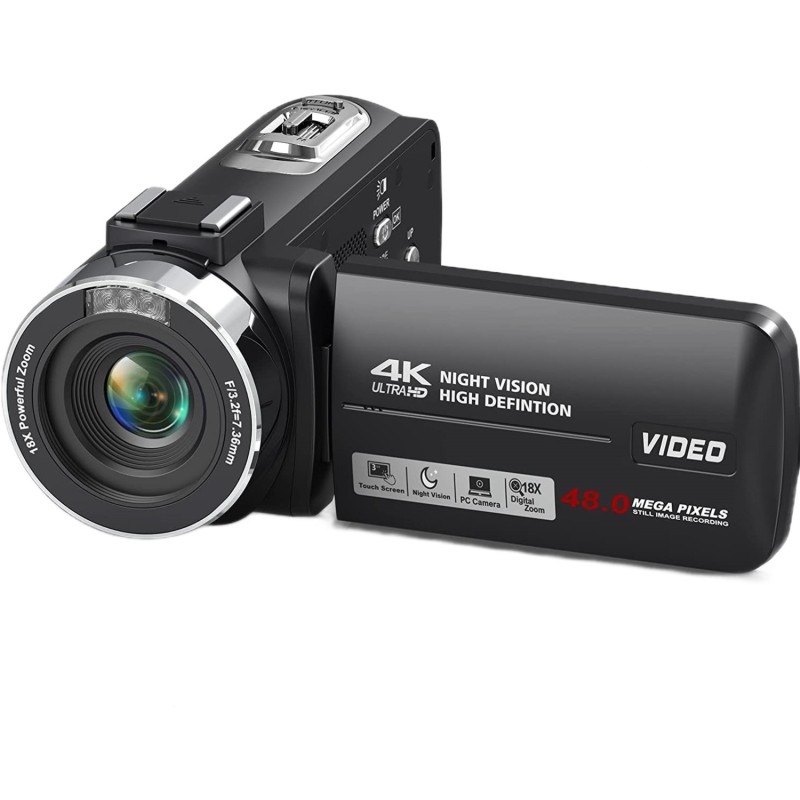 Videocamera digitale, 4k, 48 mpx, 30fps, visione notturna, schermo da 3 pollici, zoom digitale 18x, 2 batterie, scheda inclusa, nera