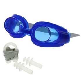 Set di occhialini da nuoto per bambini, tappi per le orecchie e clip per naso, blu