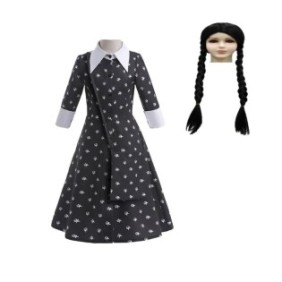 Costume di carnevale per bambina Wednesday, Famiglia Addams, vestito e parrucca, nero, 7-8 anni
