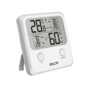 Mini termometro e igrometro digitale BALDR, display interno della temperatura e dell'umidità, schermo LED, registrazione dei valori minimo e massimo, bianco