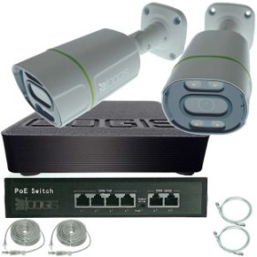 OOGIS™ P4MF2ECD Kit di sorveglianza IP PoE con 2 telecamere 4MP (2K) a infrarossi e a colori Notte 30 m Microfono esterno, espandibile a 16, Completo, accesso mobile, notte/giorno