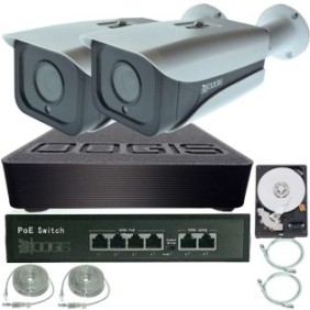 OOGIS™ P4MF2ERR-10 Kit di sorveglianza IP PoE con 2 telecamere 4MP (2K) IR 50 m per esterni, espandibile a 16, completo + HDD1TB, accesso mobile, notte/giorno