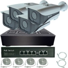 OOGIS™ P8MF4ERR Kit di sorveglianza IP PoE con 4 telecamere 8MP (4K) IR 50 m per esterni, espandibile a 10, completo, accesso mobile, notte/giorno