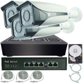 OOGIS™ P8MF3ERC-10 Kit di sorveglianza IP PoE con 3 telecamere 8MP (4K) Colore notturno 50 m all'aperto, espandibile a 10, completo + HDD1TB, accesso mobile, notte/giorno