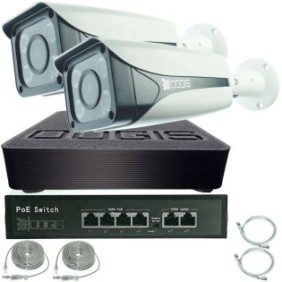 OOGIS™ P4MF2ERC Kit di sorveglianza IP PoE con 2 telecamere 4MP (2K) Colore Notte 50 m all'aperto, espandibile a 16, Completo, accesso mobile, notte/giorno